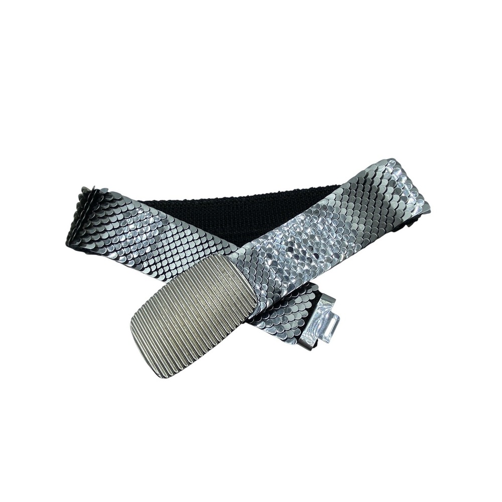 Wide Silver Stretch Waist Belt Womens One Size Textured Metal Sequin Buckle